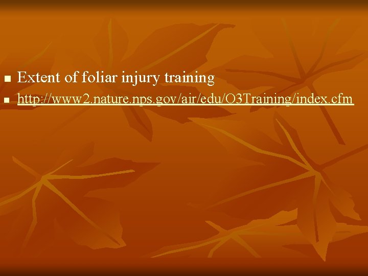 n Extent of foliar injury training n http: //www 2. nature. nps. gov/air/edu/O 3