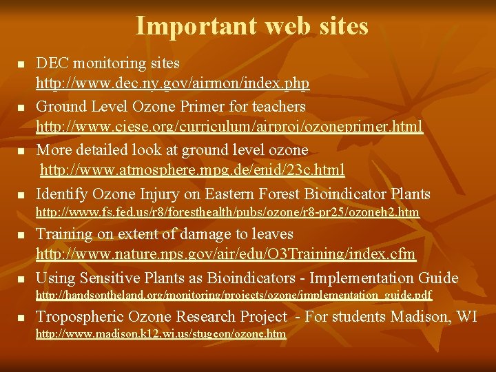 Important web sites n n DEC monitoring sites http: //www. dec. ny. gov/airmon/index. php