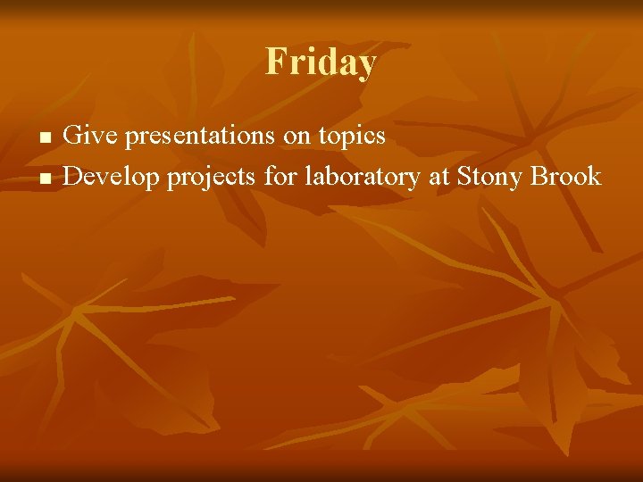 Friday n n Give presentations on topics Develop projects for laboratory at Stony Brook
