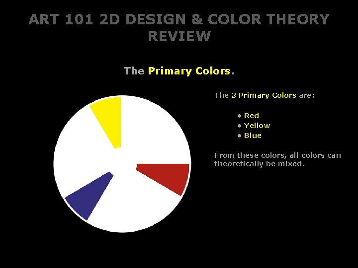 ART 101 2 D DESIGN & COLOR THEORY REVIEW The Primary Colors. The 3