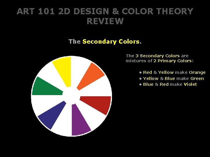 ART 101 2 D DESIGN & COLOR THEORY REVIEW The Secondary Colors. The 3