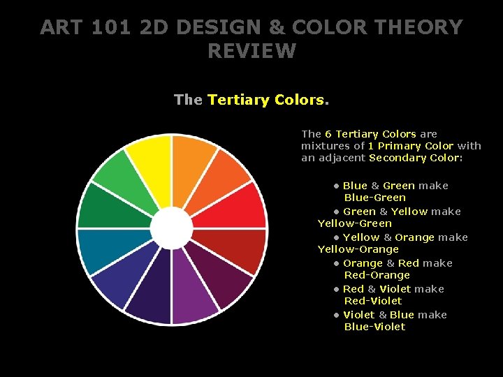 ART 101 2 D DESIGN & COLOR THEORY REVIEW The Tertiary Colors. The 6