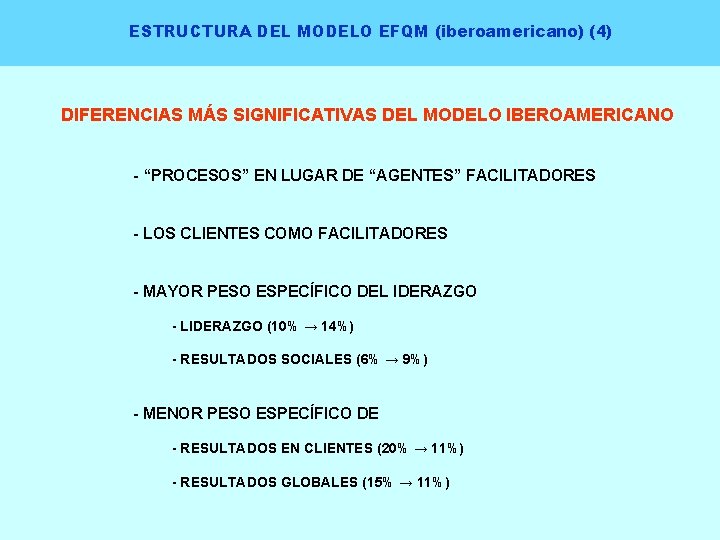 ESTRUCTURA DEL MODELO EFQM (iberoamericano) (4) DIFERENCIAS MÁS SIGNIFICATIVAS DEL MODELO IBEROAMERICANO - “PROCESOS”