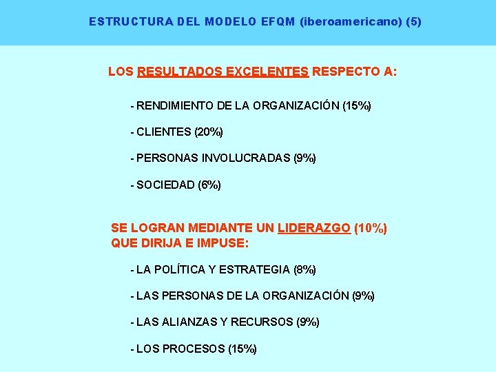 ESTRUCTURA DEL MODELO EFQM (iberoamericano) (5) LOS RESULTADOS EXCELENTES RESPECTO A: - RENDIMIENTO DE