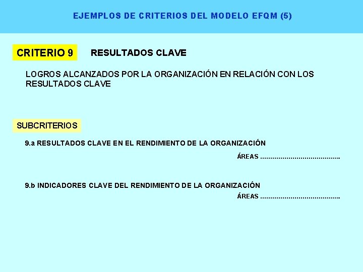EJEMPLOS DE CRITERIOS DEL MODELO EFQM (5) CRITERIO 9 RESULTADOS CLAVE LOGROS ALCANZADOS POR