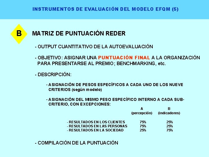 INSTRUMENTOS DE EVALUACIÓN DEL MODELO EFQM (5) B MATRIZ DE PUNTUACIÓN REDER - OUTPUT