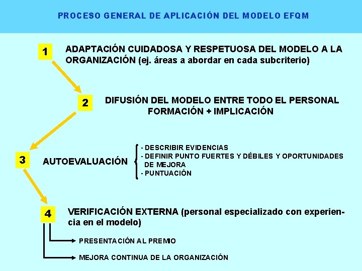 PROCESO GENERAL DE APLICACIÓN DEL MODELO EFQM 1 ADAPTACIÓN CUIDADOSA Y RESPETUOSA DEL MODELO