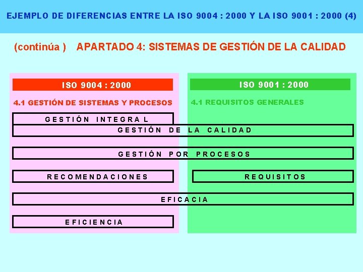 EJEMPLO DE DIFERENCIAS ENTRE LA ISO 9004 : 2000 Y LA ISO 9001 :