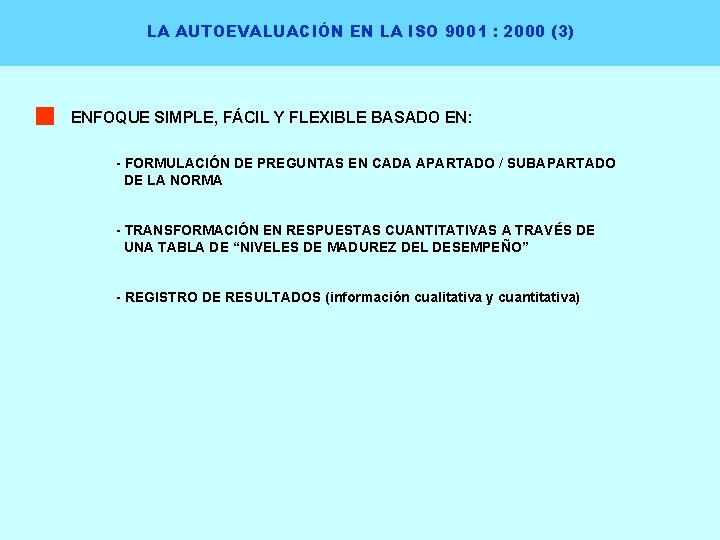 LA AUTOEVALUACIÓN EN LA ISO 9001 : 2000 (3) ENFOQUE SIMPLE, FÁCIL Y FLEXIBLE