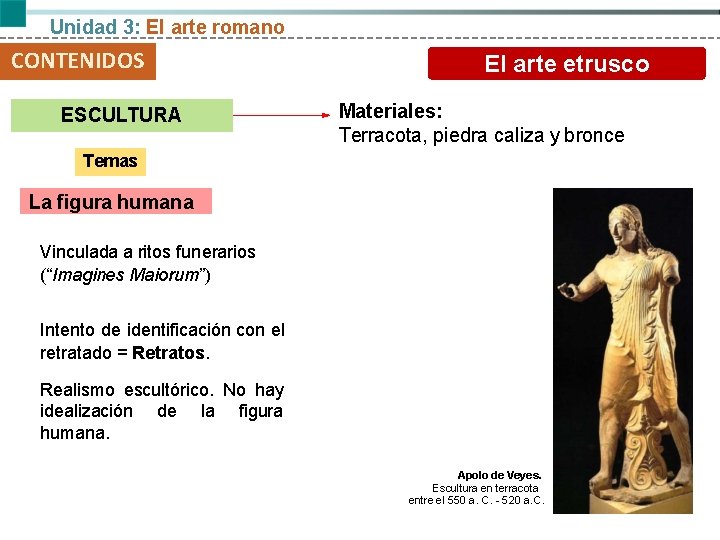 Unidad 3: El arte romano CONTENIDOS ESCULTURA El arte etrusco Materiales: Terracota, piedra caliza