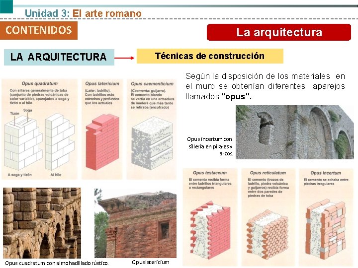 Unidad 3: El arte romano CONTENIDOS LA ARQUITECTURA La arquitectura Técnicas de construcción Según