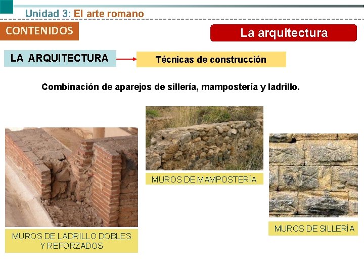 Unidad 3: El arte romano CONTENIDOS LA ARQUITECTURA La arquitectura Técnicas de construcción Combinación