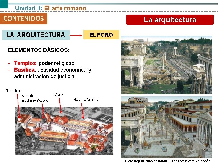 Unidad 3: El arte romano CONTENIDOS La arquitectura LA ARQUITECTURA EL FORO ELEMENTOS BÁSICOS: