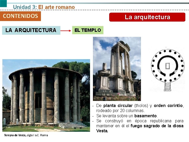 Unidad 3: El arte romano CONTENIDOS LA ARQUITECTURA Templo de Vesta, siglo I a.