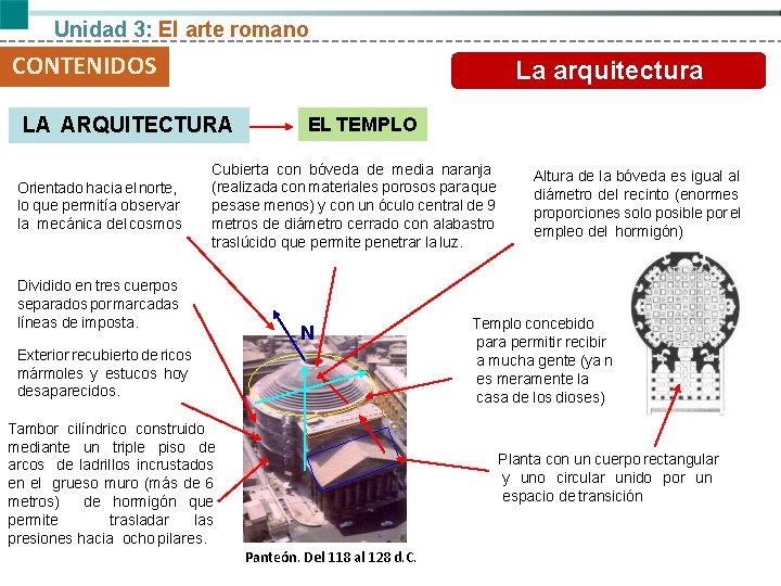 Unidad 3: El arte romano CONTENIDOS La arquitectura LA ARQUITECTURA Orientado hacia el norte,