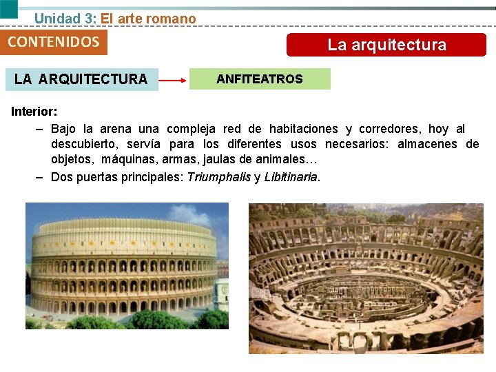 Unidad 3: El arte romano CONTENIDOS LA ARQUITECTURA La arquitectura ANFITEATROS Interior: – Bajo