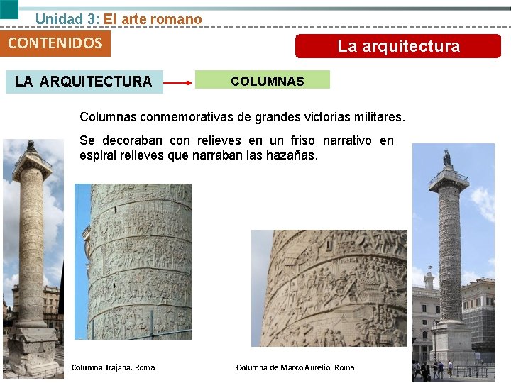 Unidad 3: El arte romano CONTENIDOS LA ARQUITECTURA El arte romano La arquitectura COLUMNAS