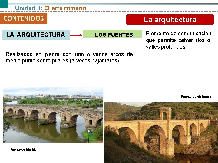 Unidad 3: El arte romano CONTENIDOS LA ARQUITECTURA La arquitectura LOS PUENTES Elemento de