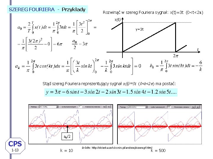 SZEREG FOURIERA - Przykłady Rozwinąć w szereg Fouriera sygnał: x(t)=3 t (0<t<2 p) x(t)