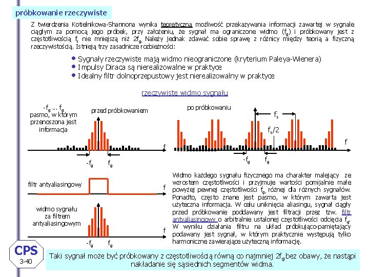 próbkowanie rzeczywiste Z twierdzenia Kotielnikowa-Shannona wynika teoretyczna możliwość przekazywania informacji zawartej w sygnale ciągłym