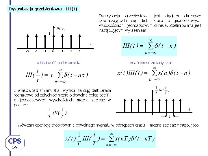 Dystrybucja grzebieniowa - III(t) Dystrybucja grzebieniowa jest ciągiem okresowo powtarzających się delt Diraca o