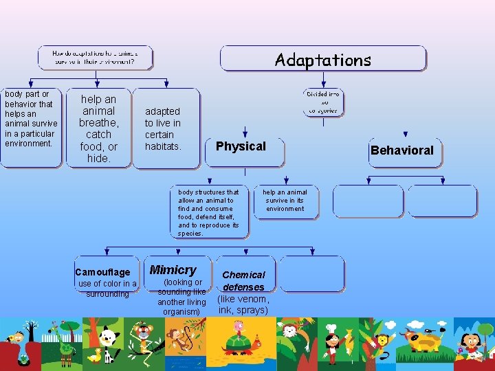 body part or behavior that helps an animal survive in a particular environment. help