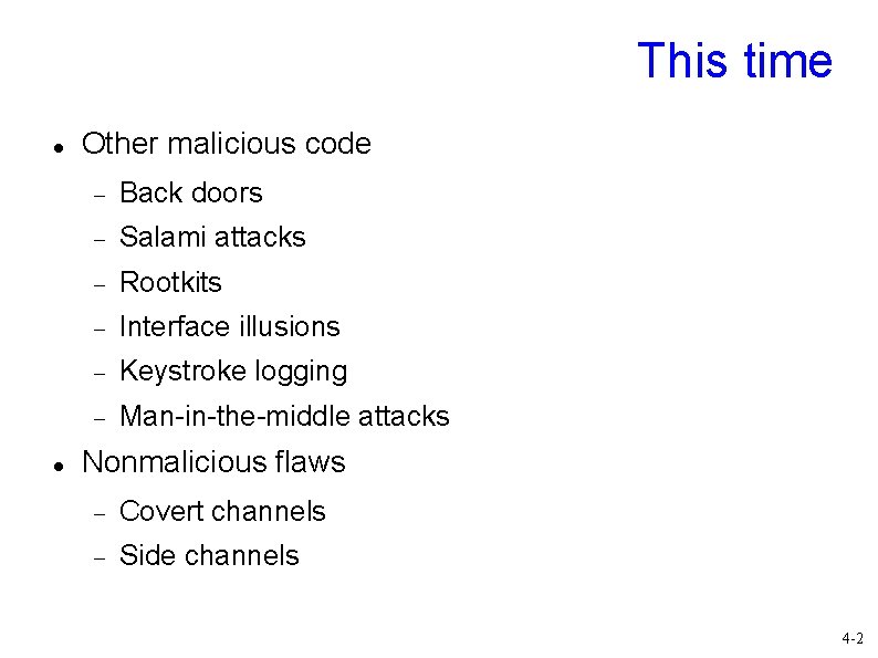 This time Other malicious code Back doors Salami attacks Rootkits Interface illusions Keystroke logging
