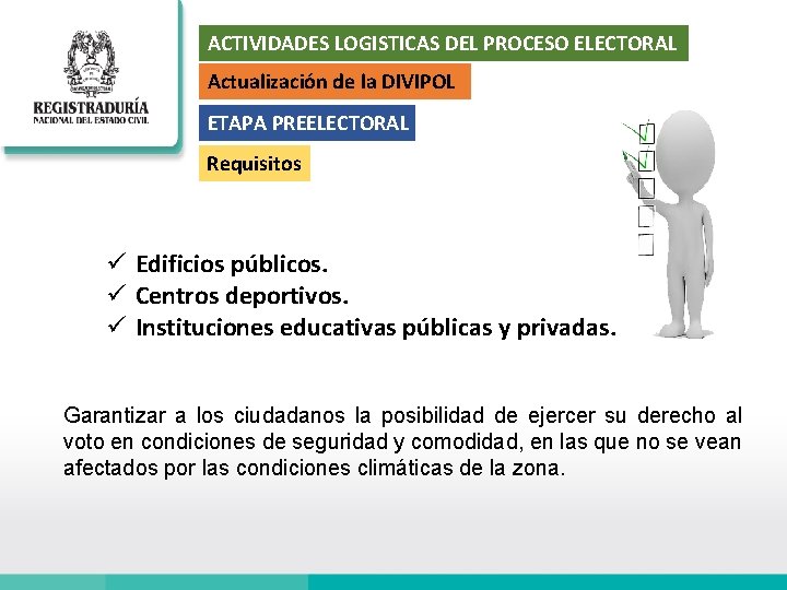 ACTIVIDADES LOGISTICAS DEL PROCESO ELECTORAL Actualización de la DIVIPOL ETAPA PREELECTORAL Requisitos ü Edificios