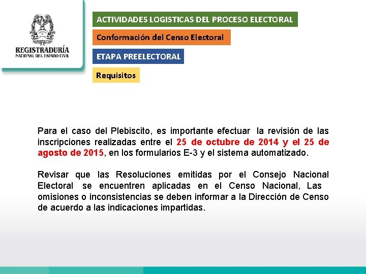 ACTIVIDADES LOGISTICAS DEL PROCESO ELECTORAL Conformación del Censo Electoral ETAPA PREELECTORAL Requisitos Para el