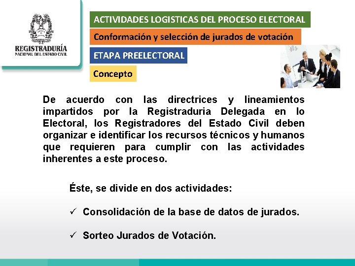ACTIVIDADES LOGISTICAS DEL PROCESO ELECTORAL Conformación y selección de jurados de votación ETAPA PREELECTORAL