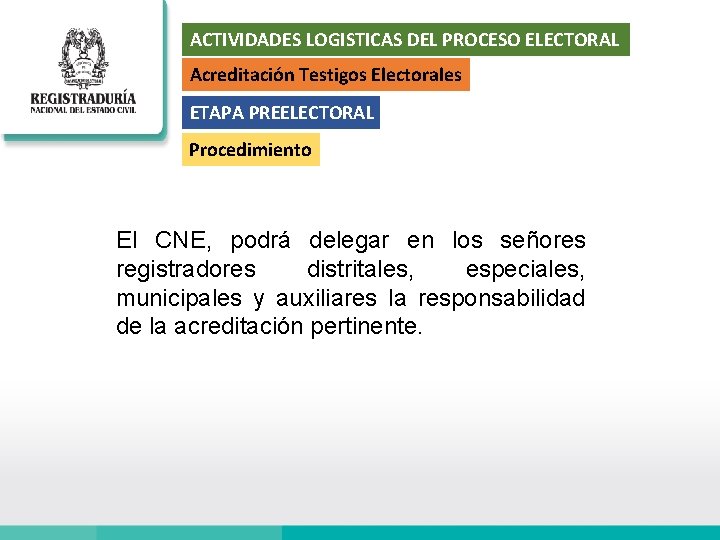 ACTIVIDADES LOGISTICAS DEL PROCESO ELECTORAL Acreditación Testigos Electorales ETAPA PREELECTORAL Procedimiento El CNE, podrá