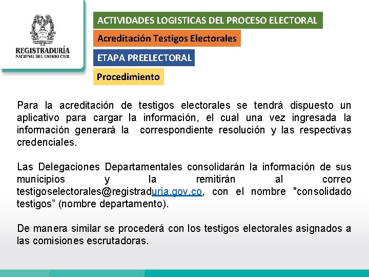 ACTIVIDADES LOGISTICAS DEL PROCESO ELECTORAL Acreditación Testigos Electorales ETAPA PREELECTORAL Procedimiento Para la acreditación