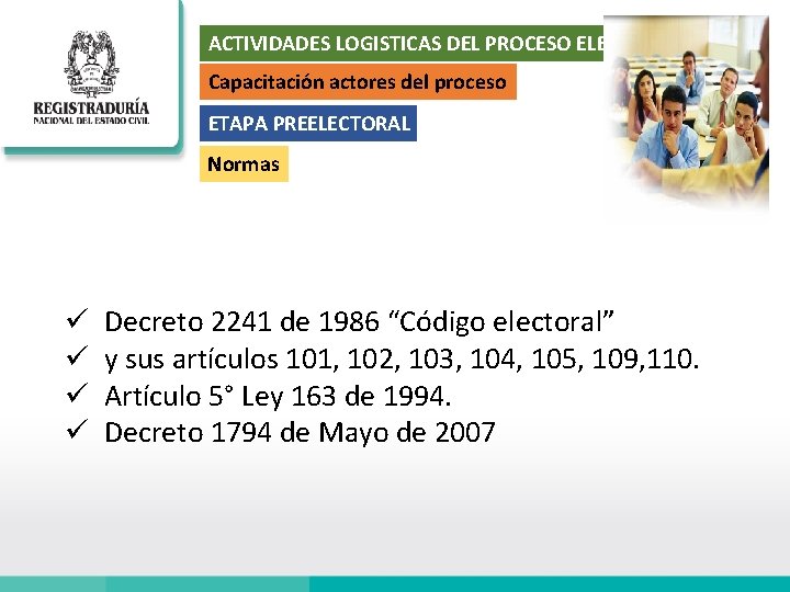 ACTIVIDADES LOGISTICAS DEL PROCESO ELECTORAL Capacitación actores del proceso ETAPA PREELECTORAL Normas ü ü