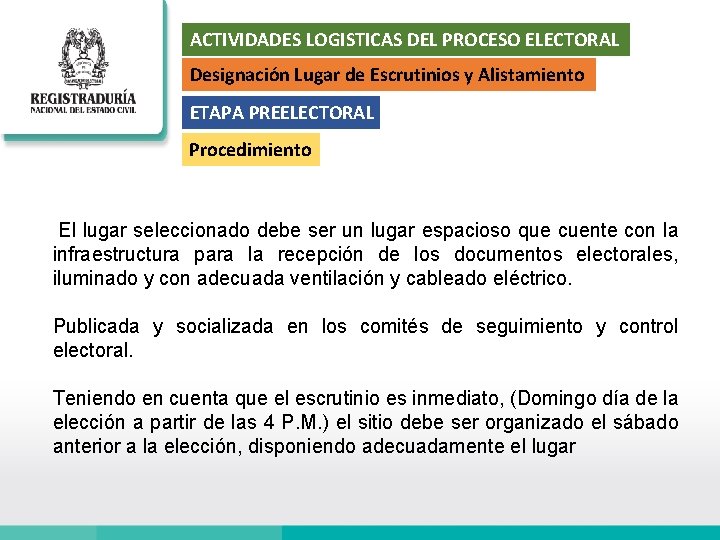 ACTIVIDADES LOGISTICAS DEL PROCESO ELECTORAL Designación Lugar de Escrutinios y Alistamiento ETAPA PREELECTORAL Procedimiento