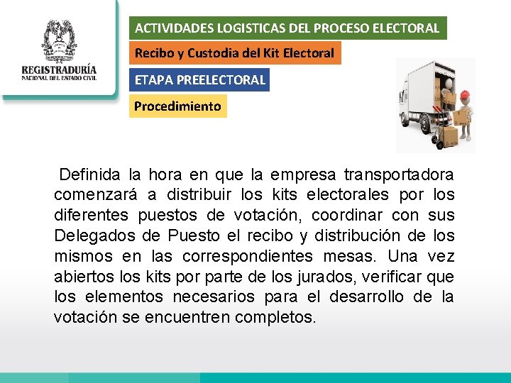 ACTIVIDADES LOGISTICAS DEL PROCESO ELECTORAL Recibo y Custodia del Kit Electoral ETAPA PREELECTORAL Procedimiento