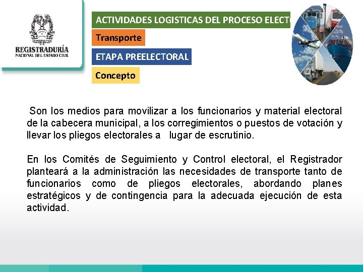 ACTIVIDADES LOGISTICAS DEL PROCESO ELECTORAL Transporte ETAPA PREELECTORAL Concepto Son los medios para movilizar