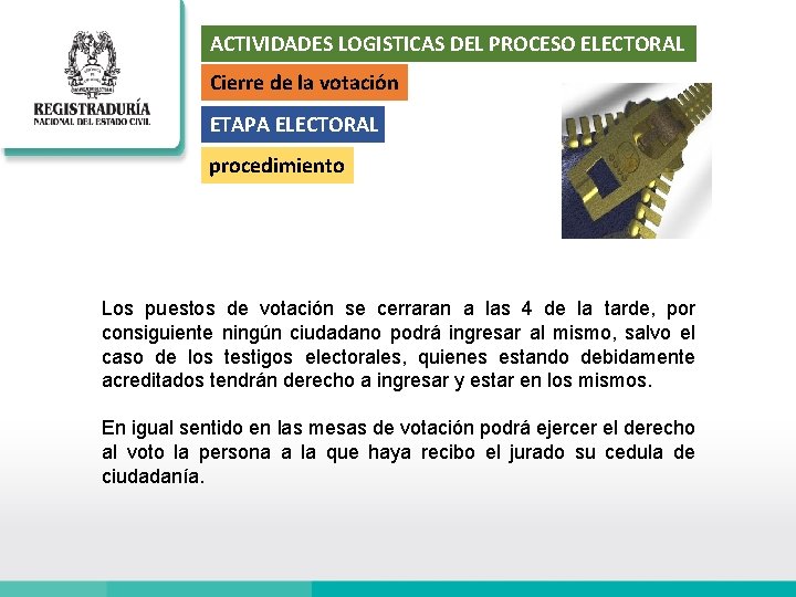 ACTIVIDADES LOGISTICAS DEL PROCESO ELECTORAL Cierre de la votación ETAPA ELECTORAL procedimiento Los puestos