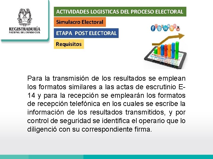 ACTIVIDADES LOGISTICAS DEL PROCESO ELECTORAL Simulacro Electoral ETAPA POST ELECTORAL Requisitos Para la transmisión