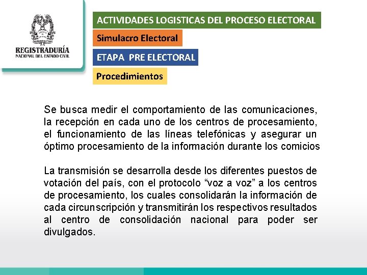 ACTIVIDADES LOGISTICAS DEL PROCESO ELECTORAL Simulacro Electoral ETAPA PRE ELECTORAL Procedimientos Se busca medir