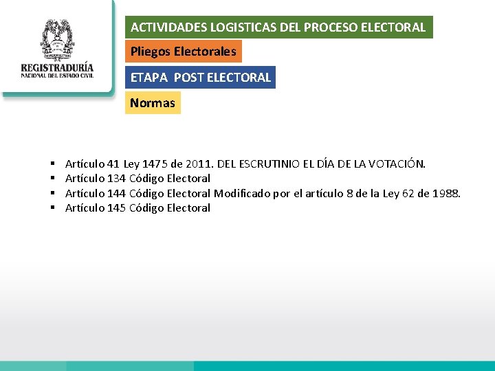 ACTIVIDADES LOGISTICAS DEL PROCESO ELECTORAL Pliegos Electorales ETAPA POST ELECTORAL Normas § § Artículo