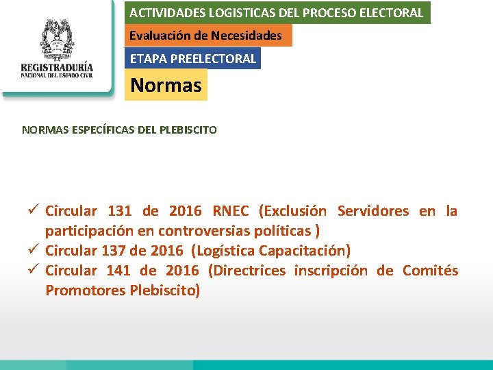 ACTIVIDADES LOGISTICAS DEL PROCESO ELECTORAL Evaluación de Necesidades ETAPA PREELECTORAL Normas NORMAS ESPECÍFICAS DEL