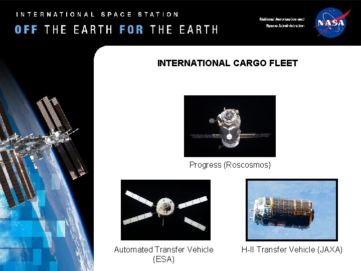 INTERNATIONAL CARGO FLEET Progress (Roscosmos) Automated Transfer Vehicle (ESA) H-II Transfer Vehicle (JAXA) INTERNATIONAL CARGO FLEET Progress (Roscosmos) Automated Transfer Vehicle (ESA) H-II Transfer Vehicle (JAXA)