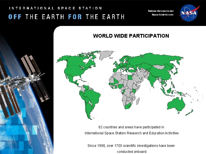 WORLD WIDE PARTICIPATION 82 countries and areas have participated in International Space Station Research WORLD WIDE PARTICIPATION 82 countries and areas have participated in International Space Station Research
