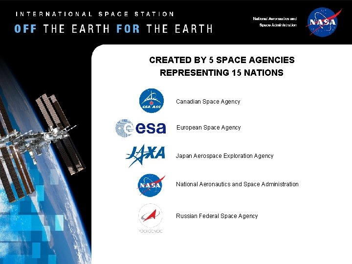 CREATED BY 5 SPACE AGENCIES REPRESENTING 15 NATIONS Canadian Space Agency European Space Agency CREATED BY 5 SPACE AGENCIES REPRESENTING 15 NATIONS Canadian Space Agency European Space Agency