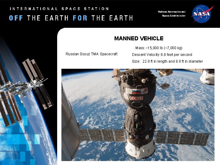 MANNED VEHICLE Mass: ~15, 000 lb (~7, 000 kg) Russian Soyuz TMA Spacecraft Descent MANNED VEHICLE Mass: ~15, 000 lb (~7, 000 kg) Russian Soyuz TMA Spacecraft Descent