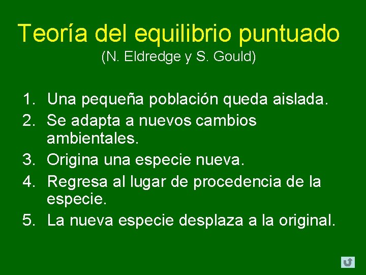 Teoría del equilibrio puntuado (N. Eldredge y S. Gould) 1. Una pequeña población queda Teoría del equilibrio puntuado (N. Eldredge y S. Gould) 1. Una pequeña población queda