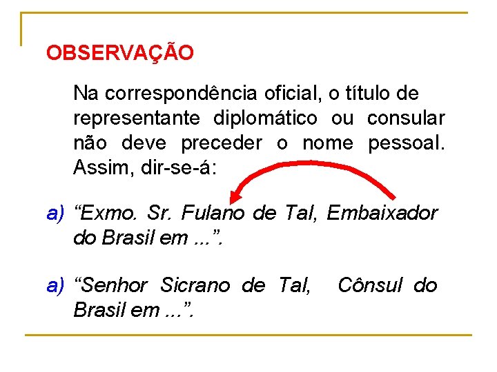 OBSERVAÇÃO Na correspondência oficial, o título de representante diplomático ou consular não deve preceder