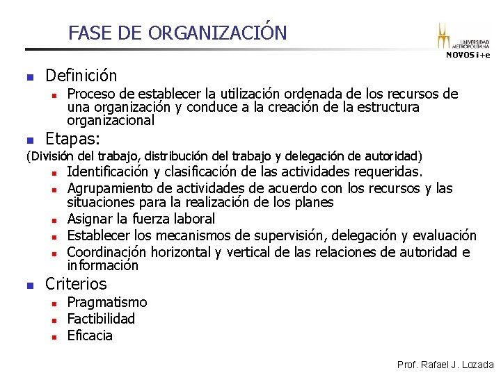 FASE DE ORGANIZACIÓN NOVOS i+e n Definición n n Proceso de establecer la utilización FASE DE ORGANIZACIÓN NOVOS i+e n Definición n n Proceso de establecer la utilización