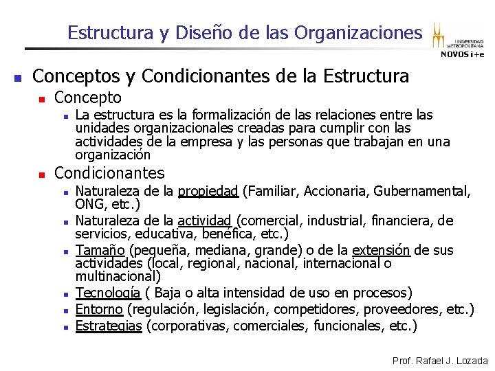 Estructura y Diseño de las Organizaciones NOVOS i+e n Conceptos y Condicionantes de la Estructura y Diseño de las Organizaciones NOVOS i+e n Conceptos y Condicionantes de la