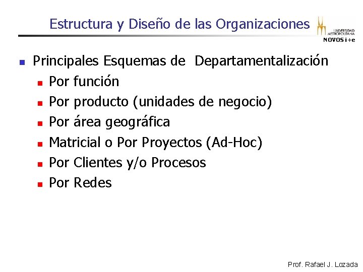 Estructura y Diseño de las Organizaciones NOVOS i+e n Principales Esquemas de Departamentalización n Estructura y Diseño de las Organizaciones NOVOS i+e n Principales Esquemas de Departamentalización n
